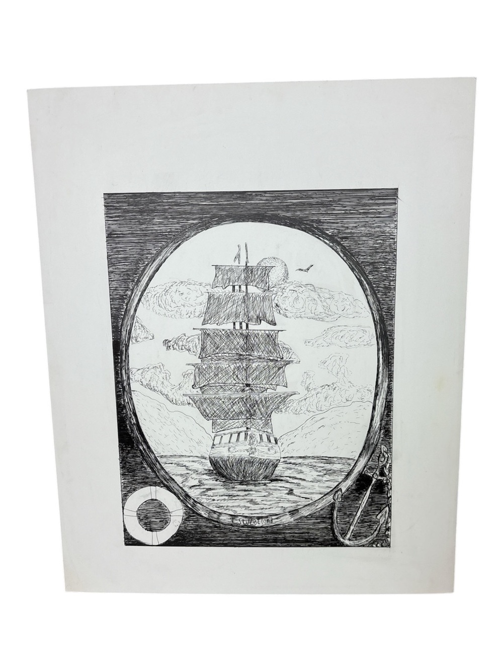 Black and White Nautical pen and ink Art Hot press illustration board.